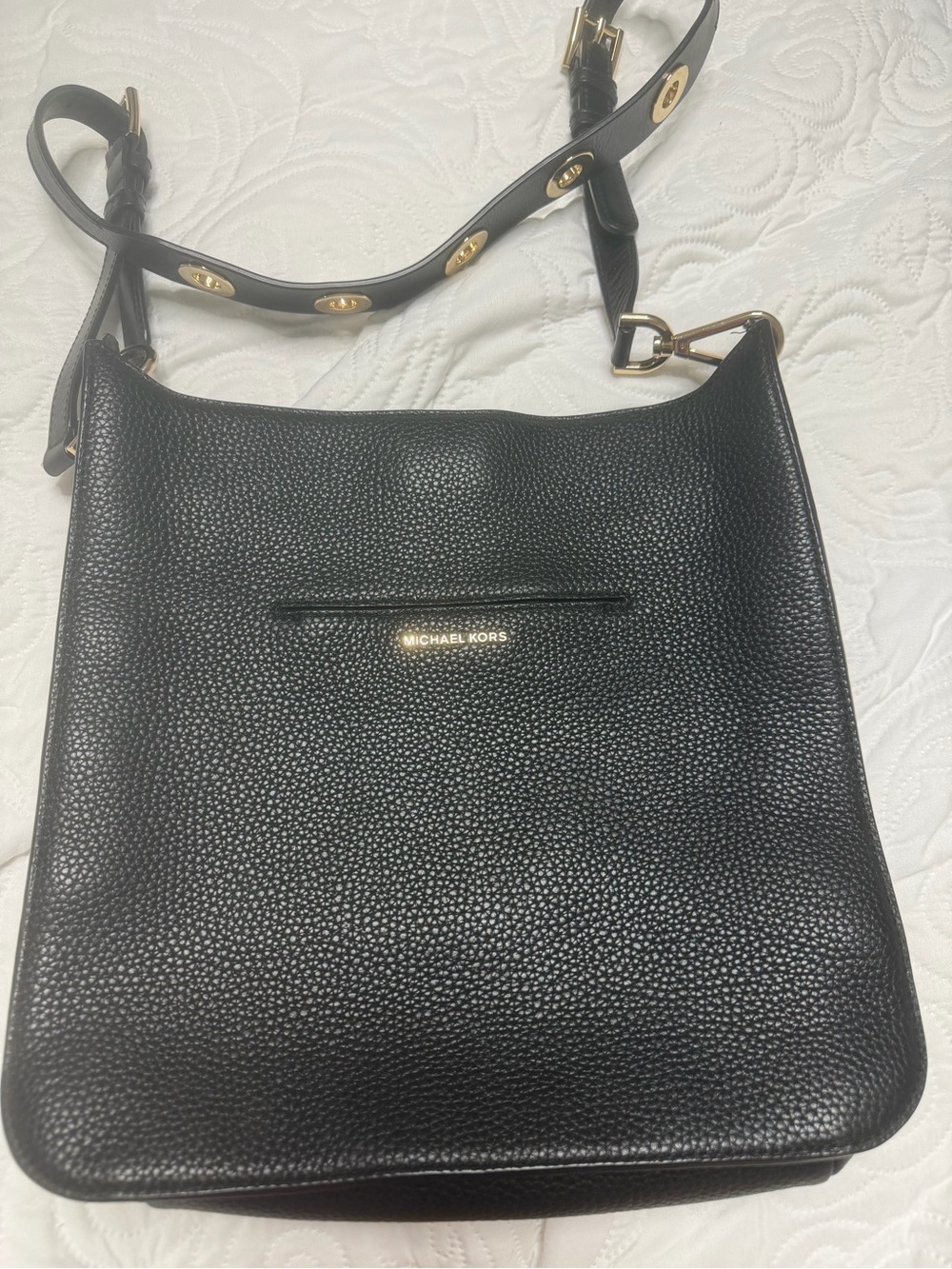 Michael Kors Black Pebbled Leather Crossbody with Gold Accents
